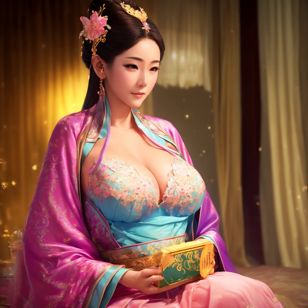 masterpiece,best quality,RAW photos,1 beauty in Hanfu,detail,detail, (高detail皮肤:1.2),8k ultra high definition,SLR,Soft Light,high quality,Film Grain,Fuji XT3,luxury,3d depth,Complex design,Exquisite pattern,Lola:Jiezhe:0.9 small breasts cleavage