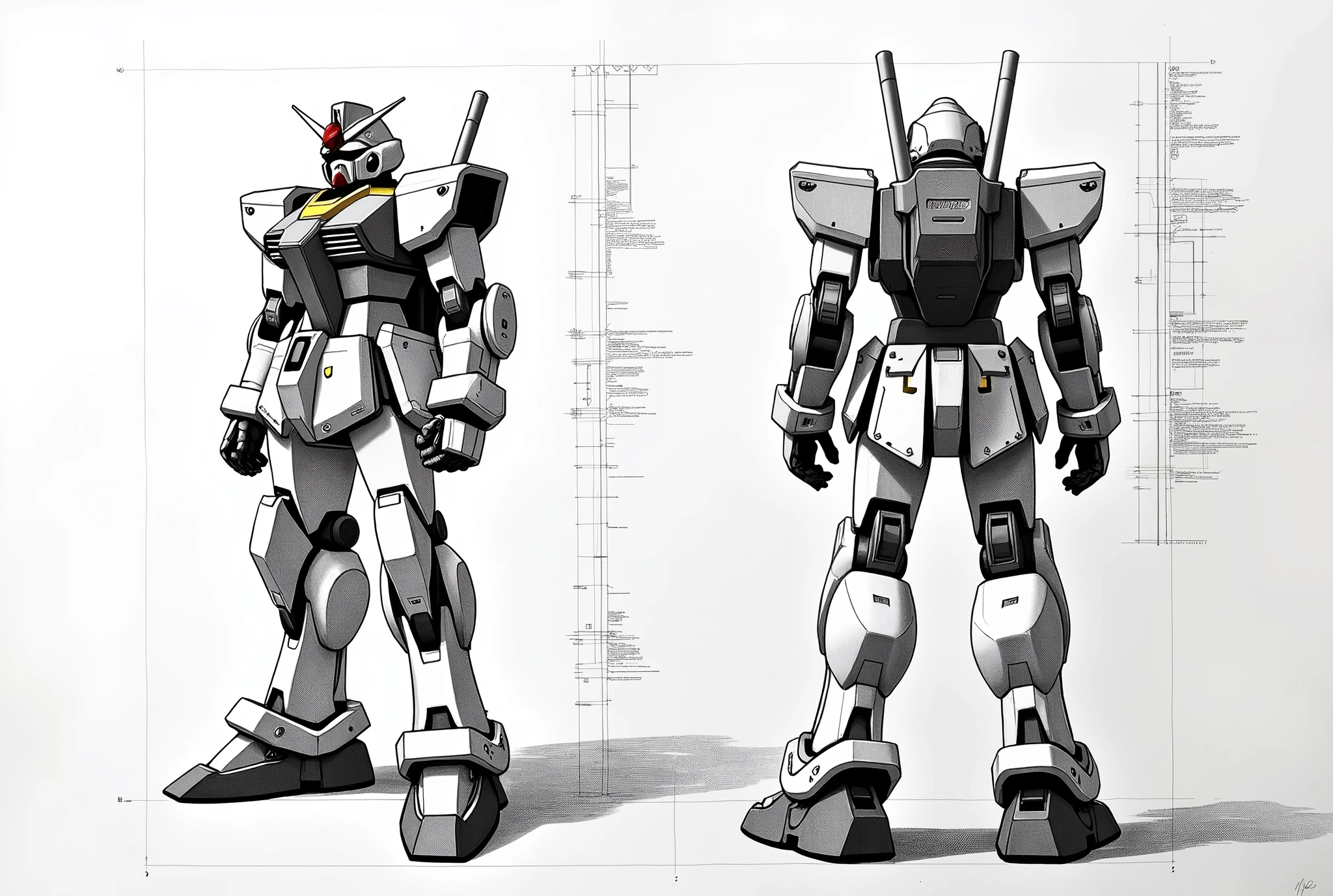 (masterpiece:1.2,Exceptional Quality,mirror-like,Cinematic Experience,Photorealistic:2.0,RAW Photos:2.0,Super detailed),8k,wallpaper,,(Writing with pencil:2.0),(Hard Edge:2.0),(Robot blueprint:2.0),(Draw the front and back views:2.0),(機動戦士Gundam:2.0),(Gundam),(RX78-2:2.0),(Twin Eye:2.0),(Avant-garde mechanical design:2.0),(Drawing detailed blueprints:2.0),(Numerous notes about the settings:2.0)