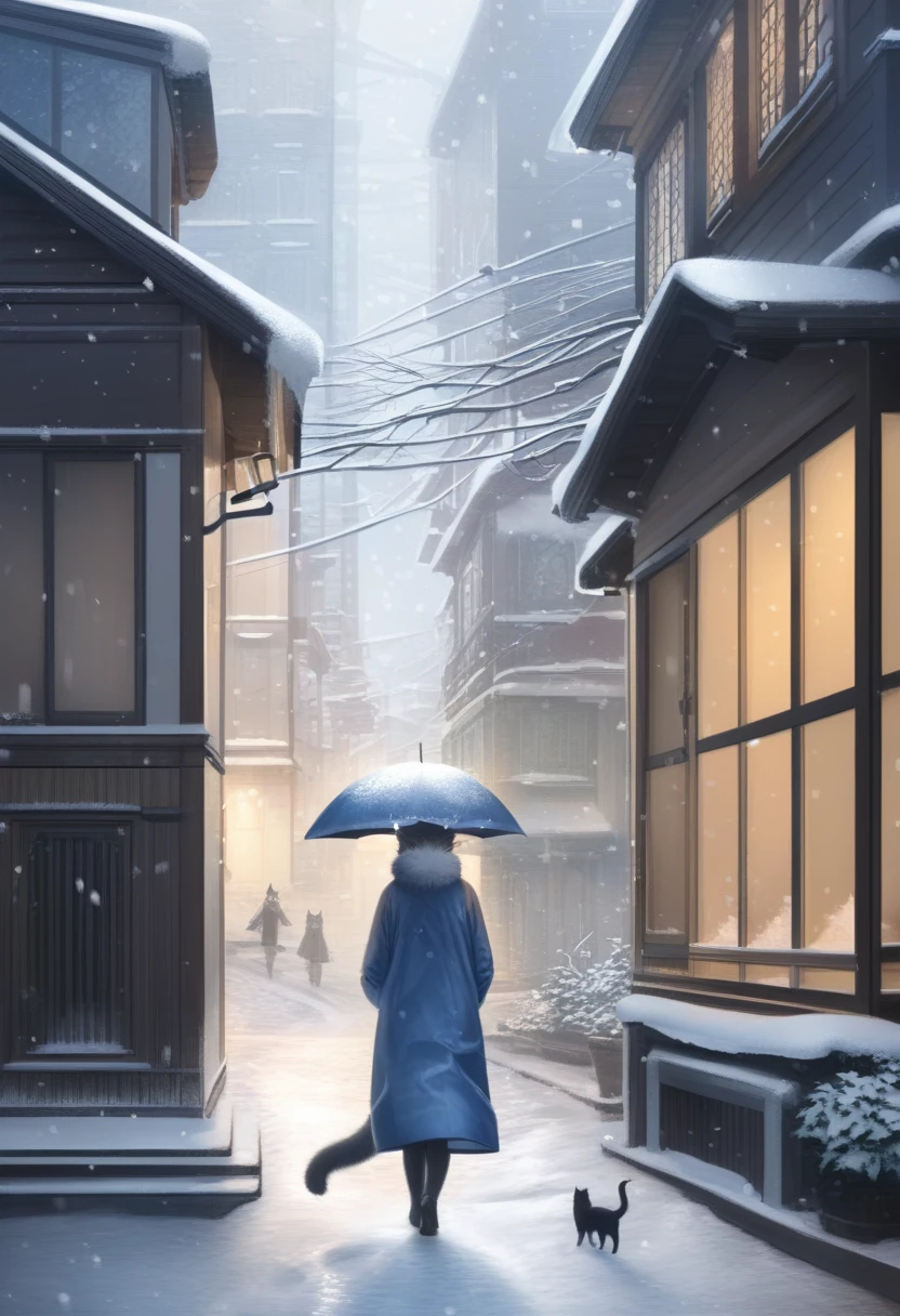 ((Masterpiece)), ((Best Quality)), (Very Detailed), ((Very Detailed)), 4K, (8K), very aesthetic, absurdres highres, 1 woman, (anthropomorphic cat, furry, kemono:1.5), A woman wearing a bright yellow raincoat is walking against a snow-covered cityscape. Light snow continues to fall, and snow accumulates on the ground and the roofs of buildings. The shine of the raincoat catches the eye, and the cold blue and white tones make the whole look mysterious. The contrast between the bright yellow and the whiteness of the snow is beautiful, and the movement of the woman and the falling snow are dynamically depicted. The soft contrast of light and shadow gives the scene depth, and the details of the buildings in the background add realism.