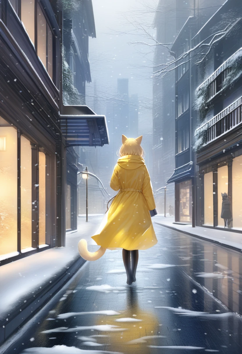 ((Masterpiece)), ((Best Quality)), (Very Detailed), ((Very Detailed)), 4K, (8K), very aesthetic, absurdres highres, 1 woman, (anthropomorphic cat, furry, kemono:1.5), A woman wearing a bright yellow raincoat is walking against a snow-covered cityscape. Light snow continues to fall, and snow accumulates on the ground and the roofs of buildings. The shine of the raincoat catches the eye, and the cold blue and white tones make the whole look mysterious. The contrast between the bright yellow and the whiteness of the snow is beautiful, and the movement of the woman and the falling snow are dynamically depicted. The soft contrast of light and shadow gives the scene depth, and the details of the buildings in the background add realism.