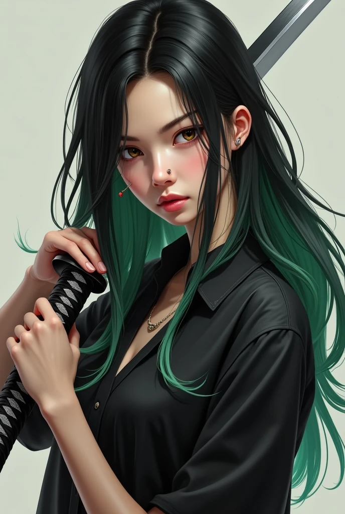 Fille réaliste avec une chemise noire, cheveux long noir avec des pointes vertes, avec un katana à la main, piercing au nez