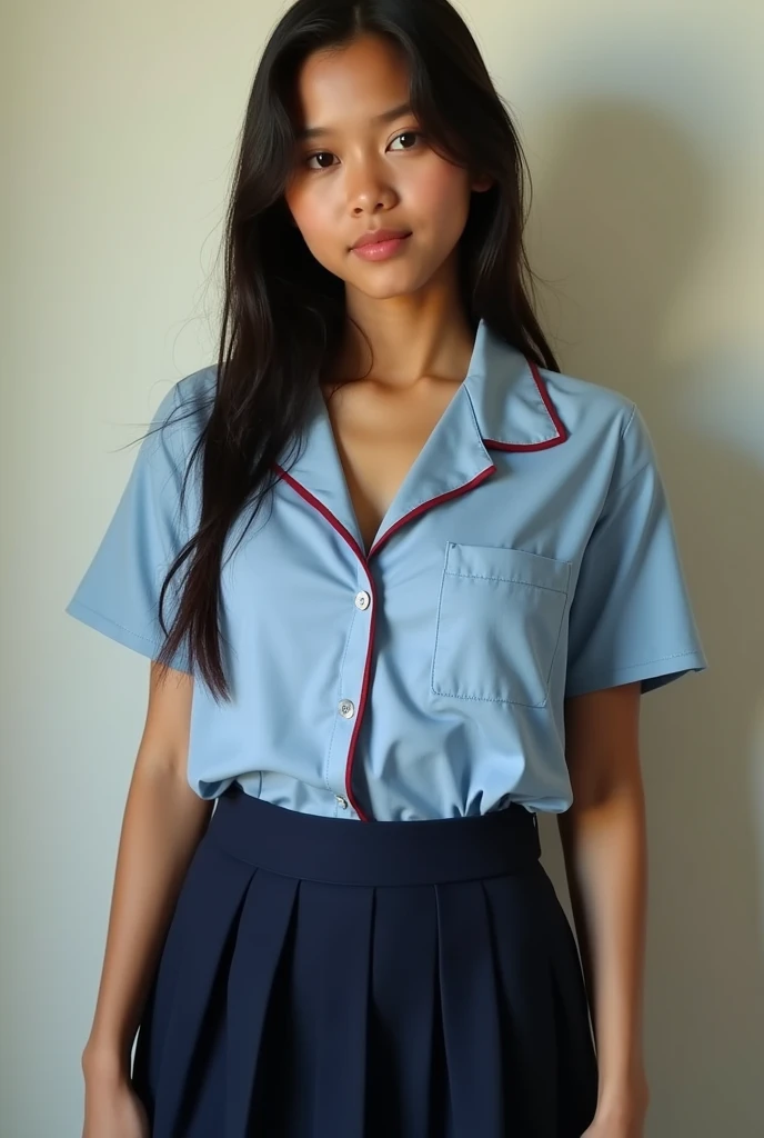 A Filipino girl wearing school uniform and ,have big boobs make her breast out of her uniform