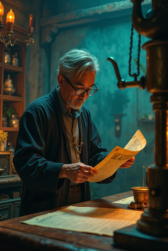 In the secluded, shadowy corners of an old laboratory at Mae Fa Luang University, Dr. Pathorn Suthinnont, the enigmatic researcher, diligently works amidst an array of arcane instruments and aged manuscripts. As he meticulously adjusts mystical apparatus and deciphers ancient symbols on cryptic scrolls, the laboratory hums with a faint, otherworldly energy. Describe Dr. Pathorn’s intense focus as he conducts his research. What groundbreaking discoveries or hidden secrets is he on the brink of revealing, and how do the mysterious elements of the lab react to his work?
character in mid Tall, with a scholarly demeanor. Wears a mix of traditional Thai clothing and modern academic attire, often seen with a well-worn lab coat and glasses perched on his nose. His hair is streaked with gray, and he carries an air of quiet authority.