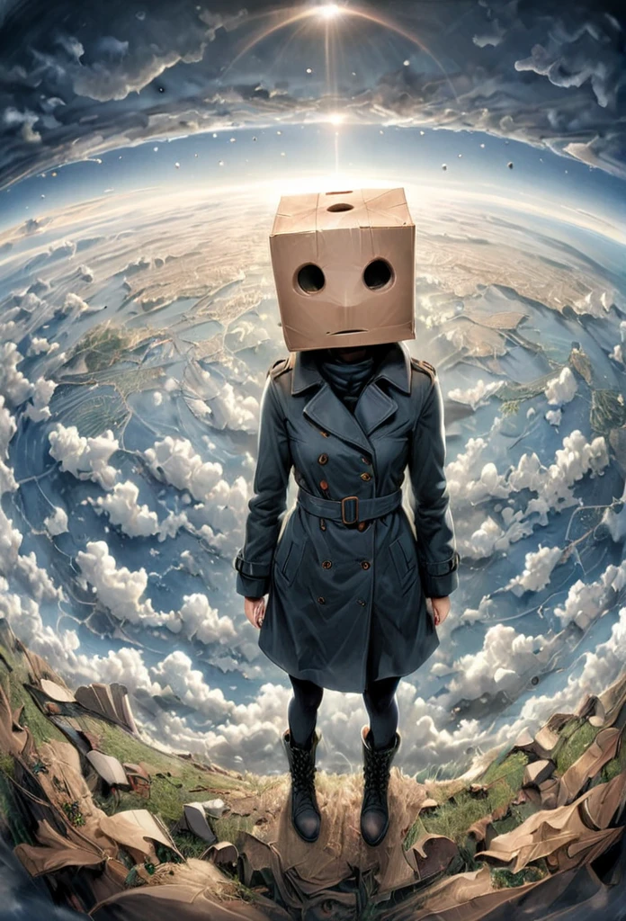 Pinhole Photography, anime realism, fisheye effect, subject on profile, 1girl, paper bag on head with holes for eyes and mouth, long black trench coat closed, hands in coat, black boots, floating in the sky overlooking the earth, from above, art style of Junji Ito, expressive body language, focus on face and eyes, ultra detailed, line art, bold and thick lines