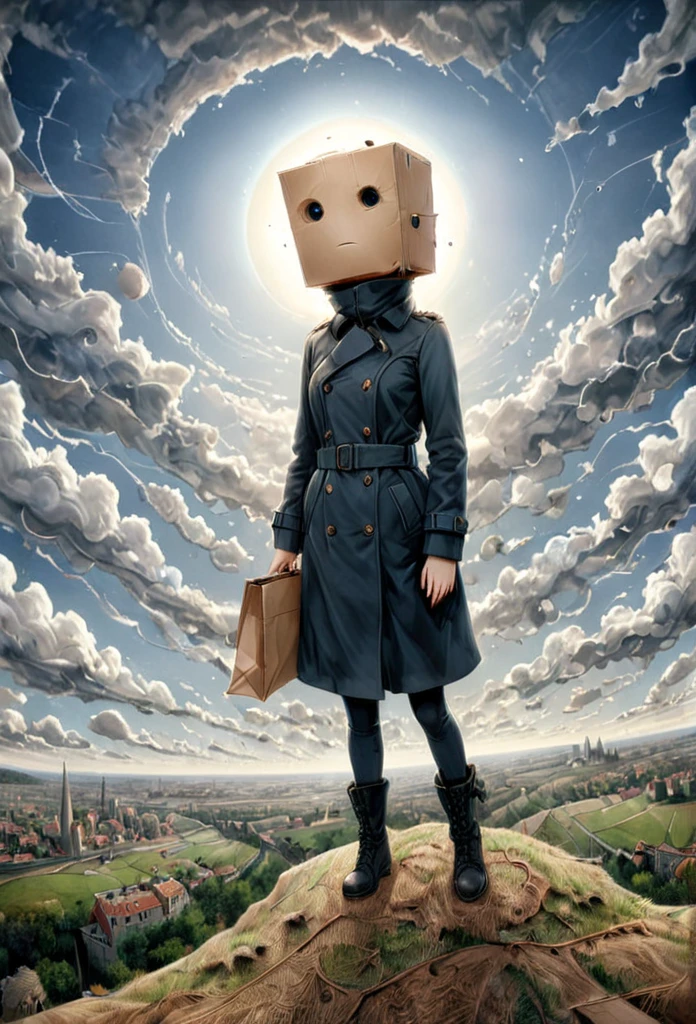 Pinhole Photography, anime realism, fisheye effect, subject on profile, 1girl, paper bag on head with holes for eyes and mouth, long black trench coat closed, hands in coat, black boots, floating in the sky overlooking the earth, from above, art style of Junji Ito, expressive body language, focus on face and eyes, ultra detailed, line art, bold and thick lines