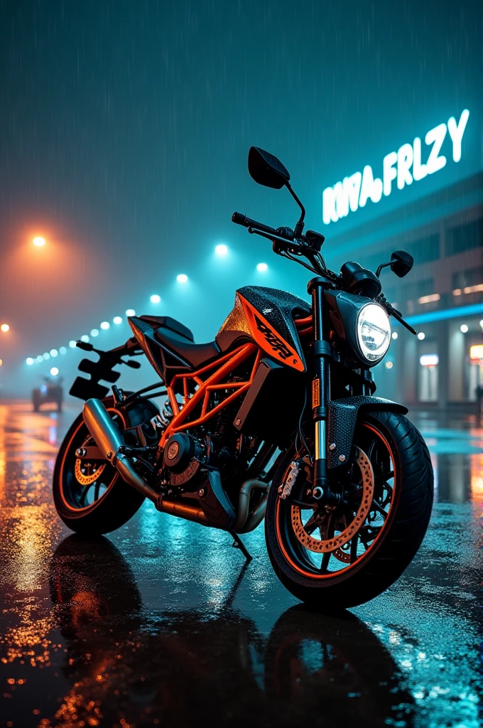 Create me a ktm duke 390 amd roayal Enfield contintial gt 650 in night time with rainy weather near banglore airport