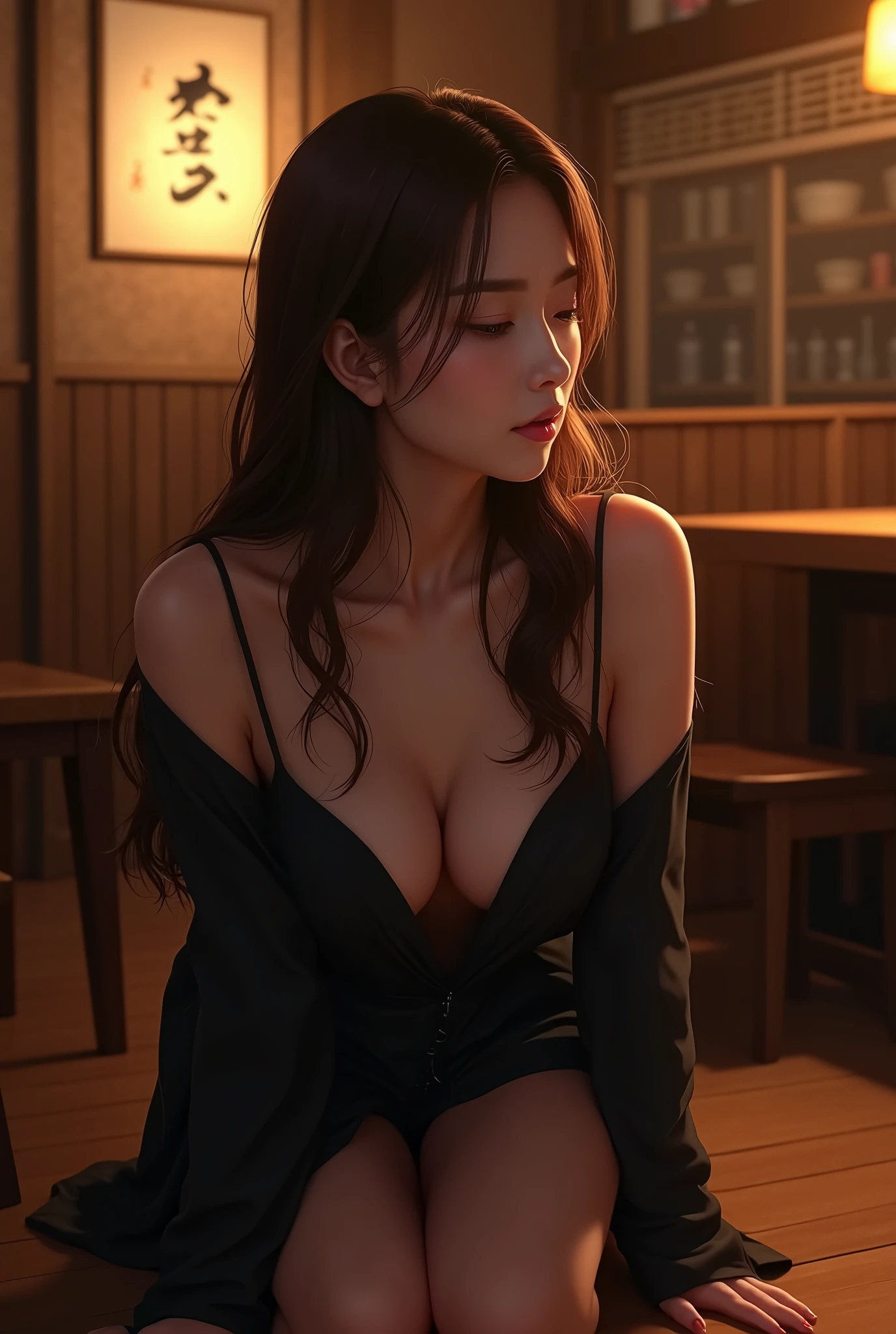 Similar to Japanese actress Kyoko Fukada、Her hair is long and brown、Close your eyes and kiss、On all fours、Cleavage、Loose black dress、Izakaya

