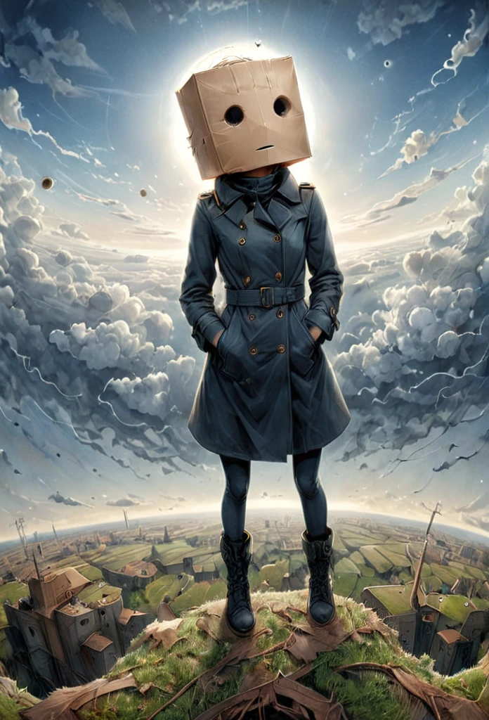 Pinhole Photography, anime realism, fisheye effect, subject on profile, 1girl, paper bag on head with holes for eyes and mouth, long black trench coat closed, hands in coat, black boots, floating in the sky overlooking the earth, from above, art style of Junji Ito, expressive body language, focus on face and eyes, ultra detailed, line art, bold and thick lines