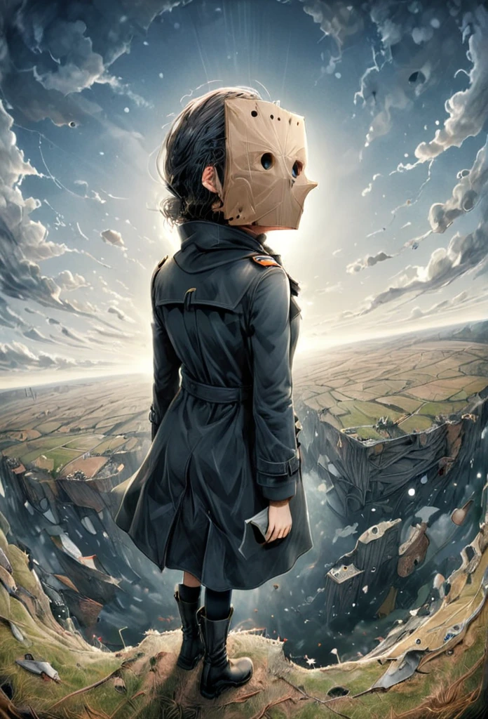 Pinhole Photography, anime realism, fisheye effect, subject on profile, 1girl, paper bag on head with holes for eyes and mouth, long black trench coat closed, hands in coat, black boots, floating in the sky overlooking the earth, from above, art style of Junji Ito, expressive body language, focus on face and eyes, ultra detailed, line art, bold and thick lines