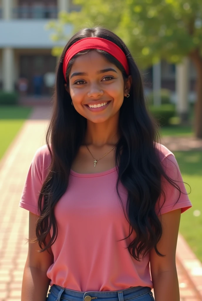 Girl with black head and it has a red color band in her head.she is in a university of uva wellassa her wear a pink color t shirt and blue color bottom her has a long hear and her face is like a sri lankan girl and her hear pin is middel of the hear.and her not this much slim.