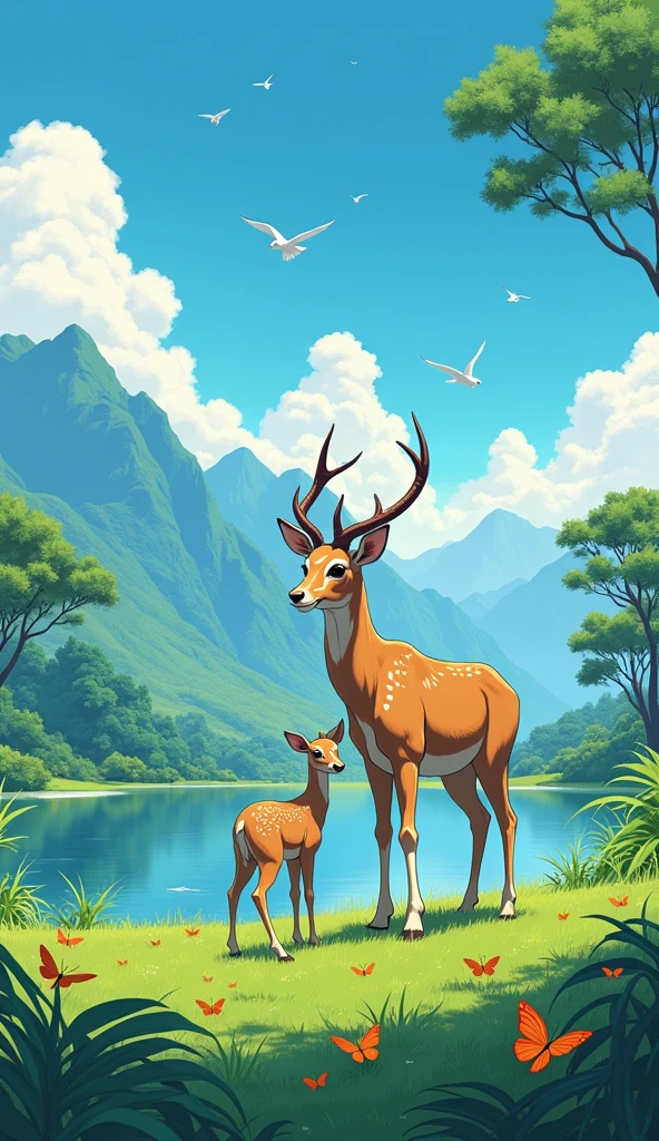 A realist anime antelope standing the green grasses(far and wide angle view) with mountain background and drinking water with its baby, with acacia trees and a clear blue sky in the background and with water lake near, birds flying and butterflies . Hawaii illustration , reteo comic illustration