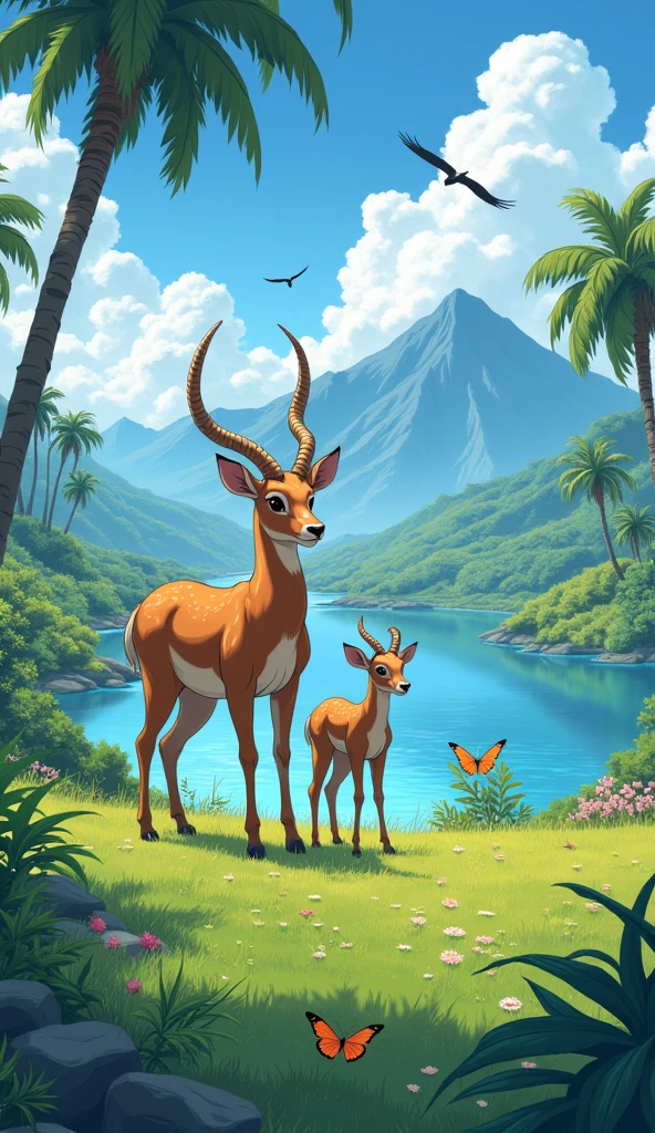 A realist anime antelope standing the green grasses(far and wide angle view) with mountain background and drinking water with its baby, with acacia trees and a clear blue sky in the background and with water lake near, birds flying and butterflies . Hawaii illustration , reteo comic illustration