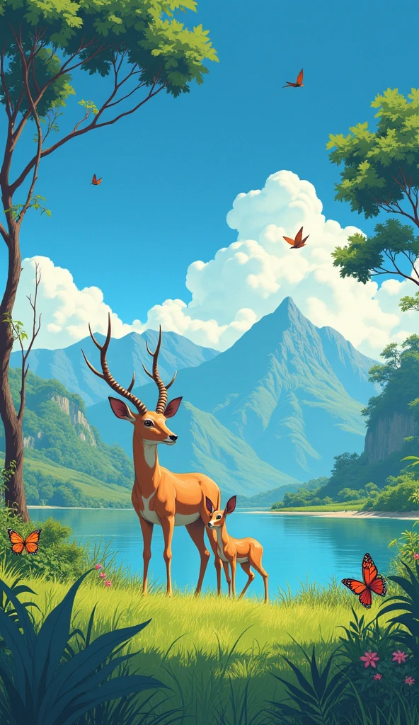 A realist anime antelope standing the green grasses(far and wide angle view) with mountain background and drinking water with its baby, with acacia trees and a clear blue sky in the background and with water lake near, birds flying and butterflies . Hawaii illustration , reteo comic illustration