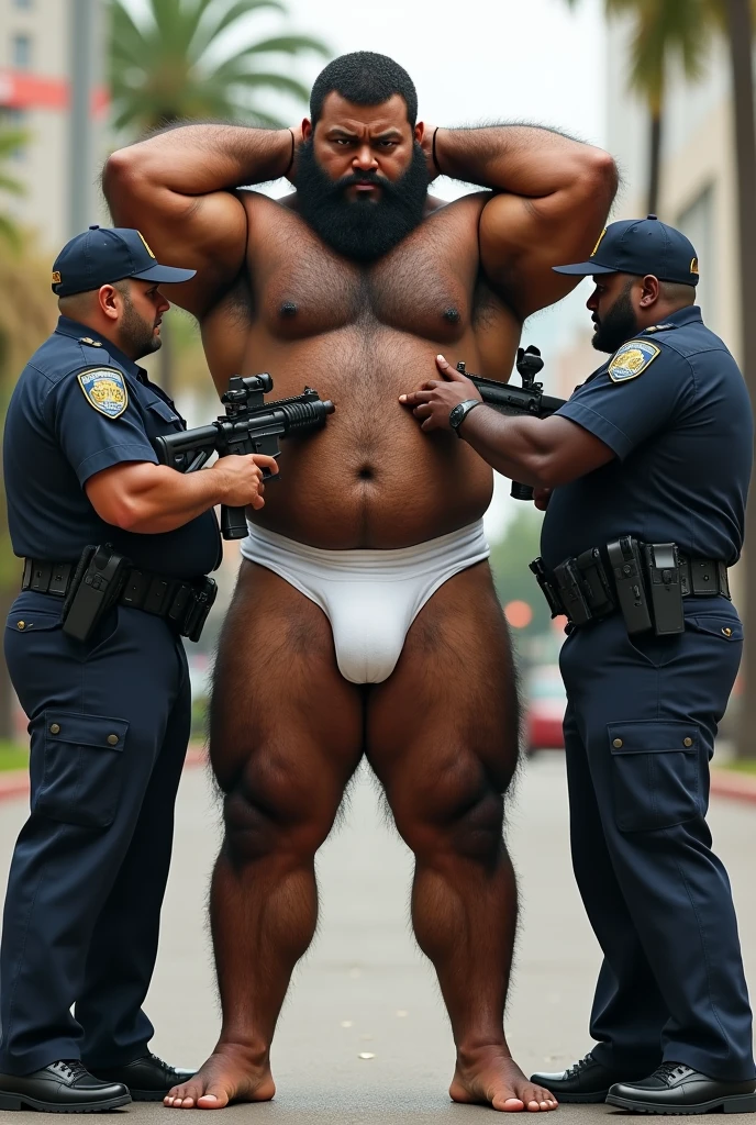 Large extremely hairy Puerto Rican man, very hairy armpits, very hairy, strong and bearded muscleman, in white underwear, standing, with your legs wide apart from each other, with both hands behind his head, having his underwear searched by two armed police officers.