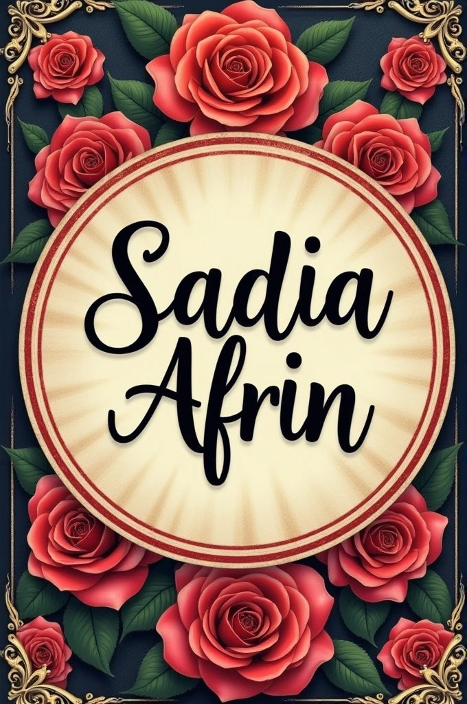 Please make a name plate of Sadia Afrin with rose, bold and stylish font, round shape. I need name plate like book cover. Keep this style. Make circle shape 