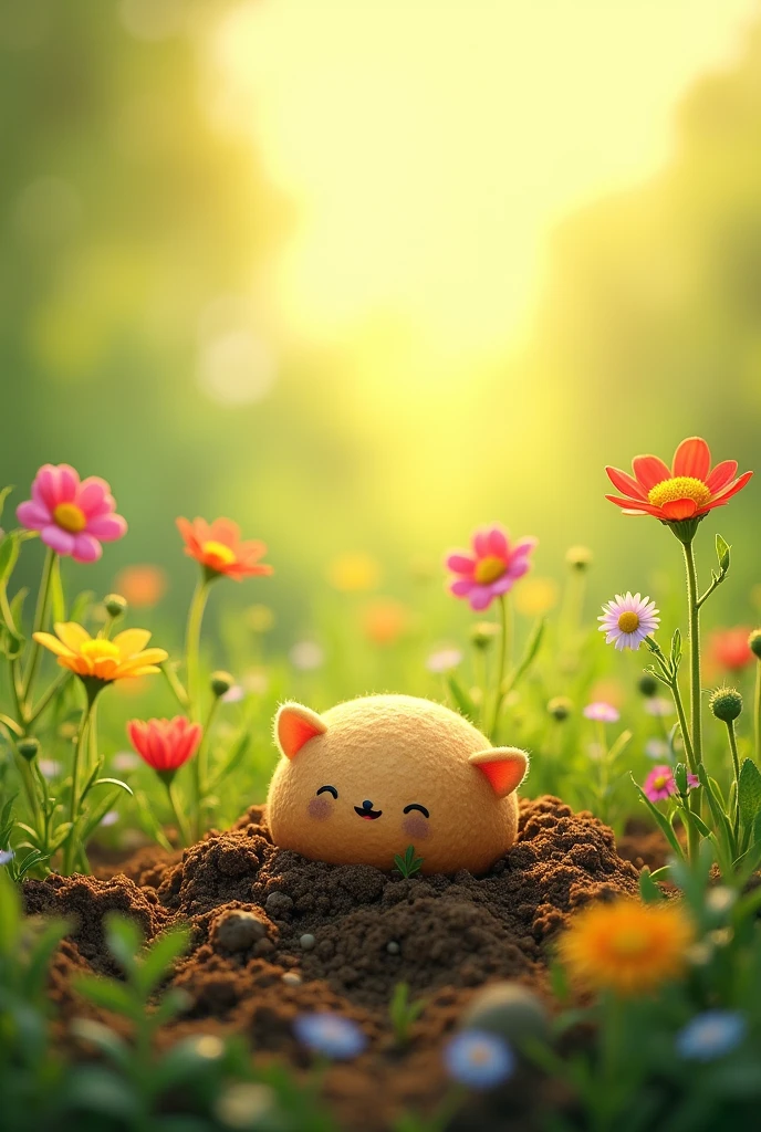 Sammy the seed sat nestled in the warm earth of a sunny meadow, surrounded by sprouting plants and blooming flowers.
