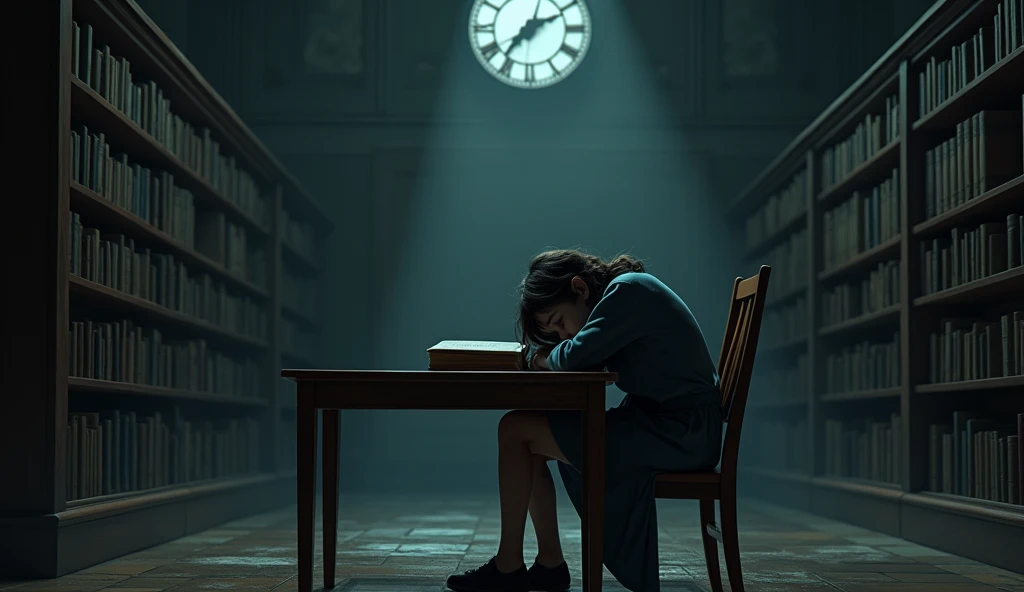 The library is completely silent, with only the ticking of a wall clock breaking the silence. May sits at a reading table, her eyes focused on the thick book in front of her. She starts to feel drowsy and dozes off, her head resting on the table. As she sleeps, darkness slowly envelops the library, and shadows begin to move in the dark. The overhead lights flicker slightly.