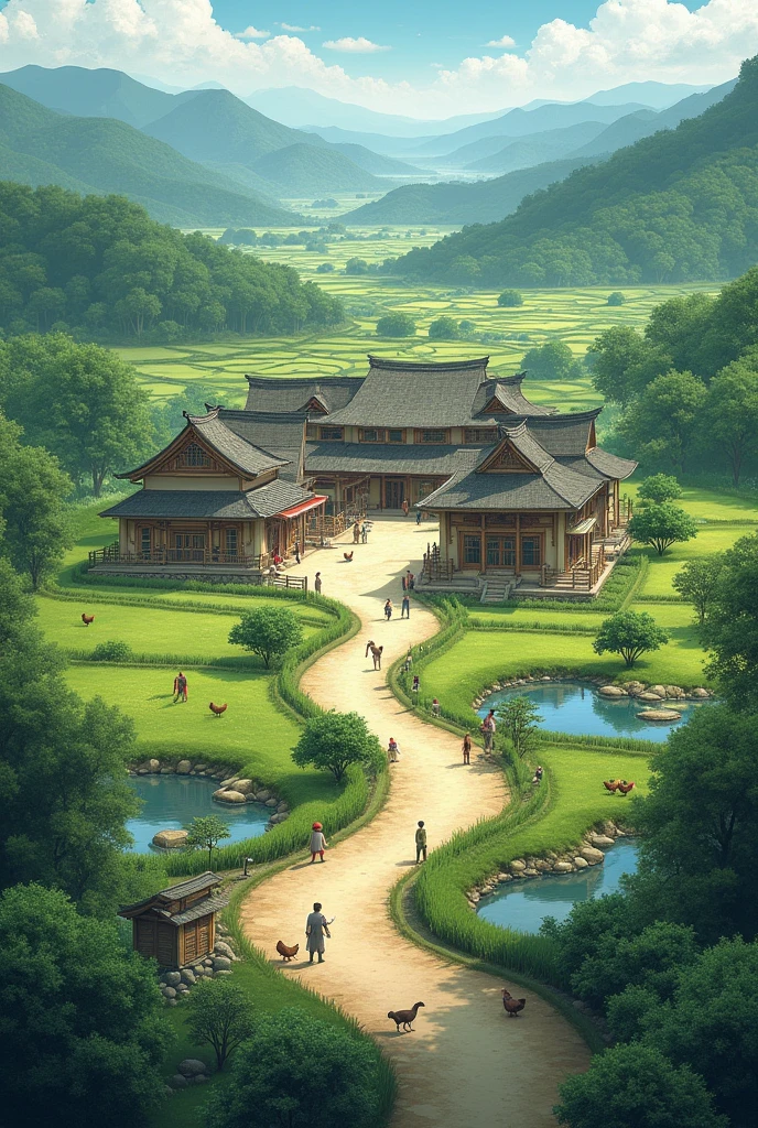 I want to generate a landscape，It is an ancient planned small village，Neatly arranged buildings，There are fertile fields around，There are also several small ponds，There are some mulberry trees and bamboos next to it，There are men, women, old and young in the village，Young men and women farming，The elderly and children are enjoying themselves，Also accompanied by chickens and dogs。