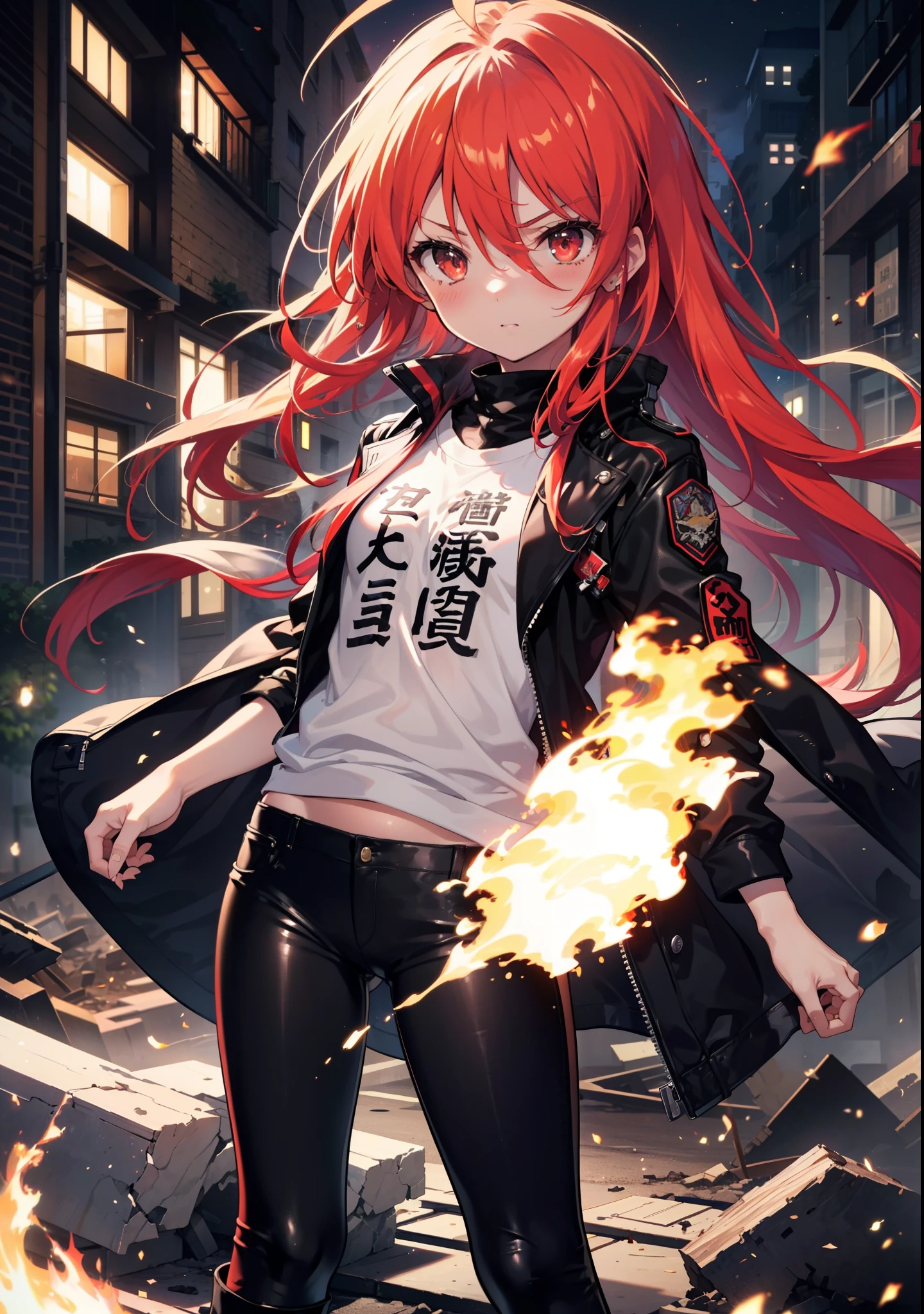 Shana,灼眼のShana,Long Hair, Redhead, Red eyes, Ahoge,Small breasts,Serious face,black rider jacket,Black T-shirt,Leather pants,boots,rubble,The town is collapsing,Explosive Flame,A long Japanese sword wrapped in flames:1 is stuck in the ground,night,moonlight,Are standing,whole bodyがイラストに入るように,　　　　　　　　　　　　　break outdoors, Building district,　　　　　　　　　　　　　　　break looking at viewer, whole body, 　　　　　　　　break (masterpiece:1.2), Highest quality, High resolution, unity 8k wallpaper, (shape:0.8), (Beautiful attention to detail:1.6), Highly detailed face, Perfect lighting, Extremely detailed CG, (Perfect hands, Perfect Anatomy),