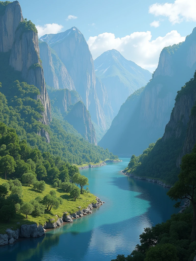 a river valley surrounded by high mountains full of vegetation