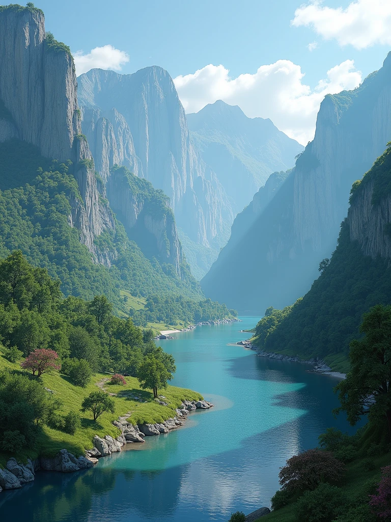 a river valley surrounded by high mountains full of vegetation