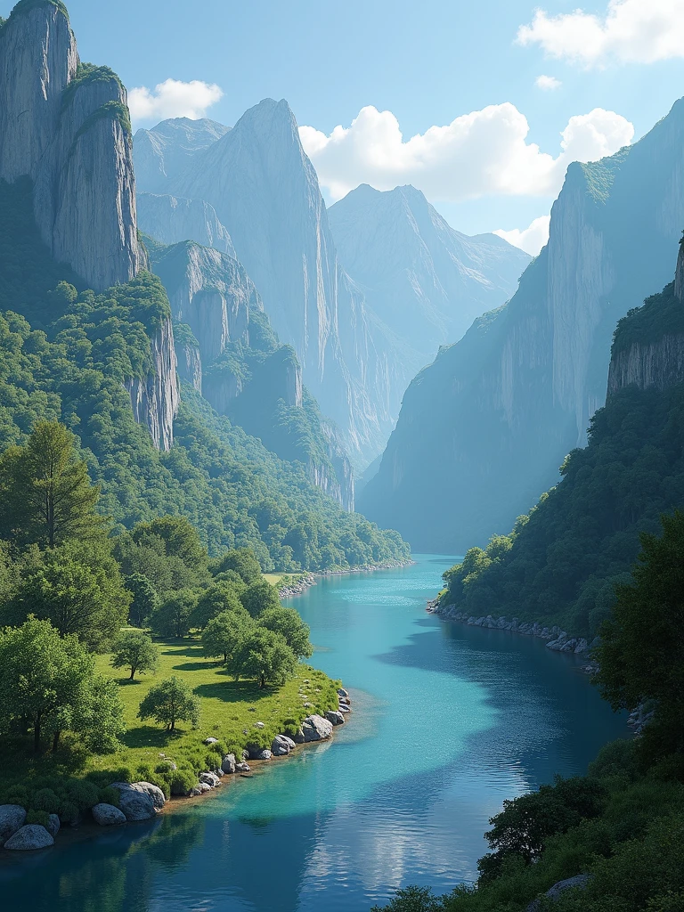 a river valley surrounded by high mountains full of vegetation