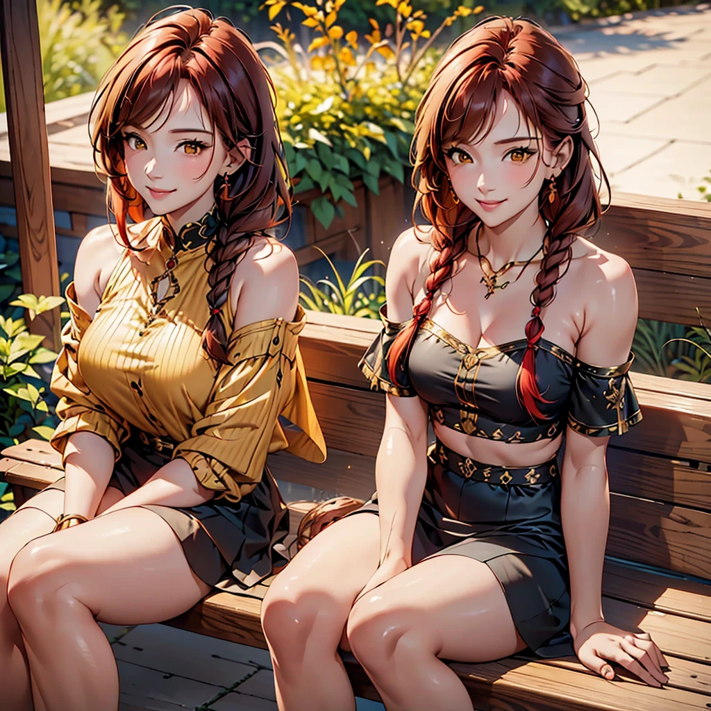 2 woman, natural redhead, long hair with 2 braids, honey yellow eyes, black flared short skirt, Wine red off shoulder blouse with details, sitting on a bench in a garden, Whole body, mischievous smile, bright smile, chest a little big.