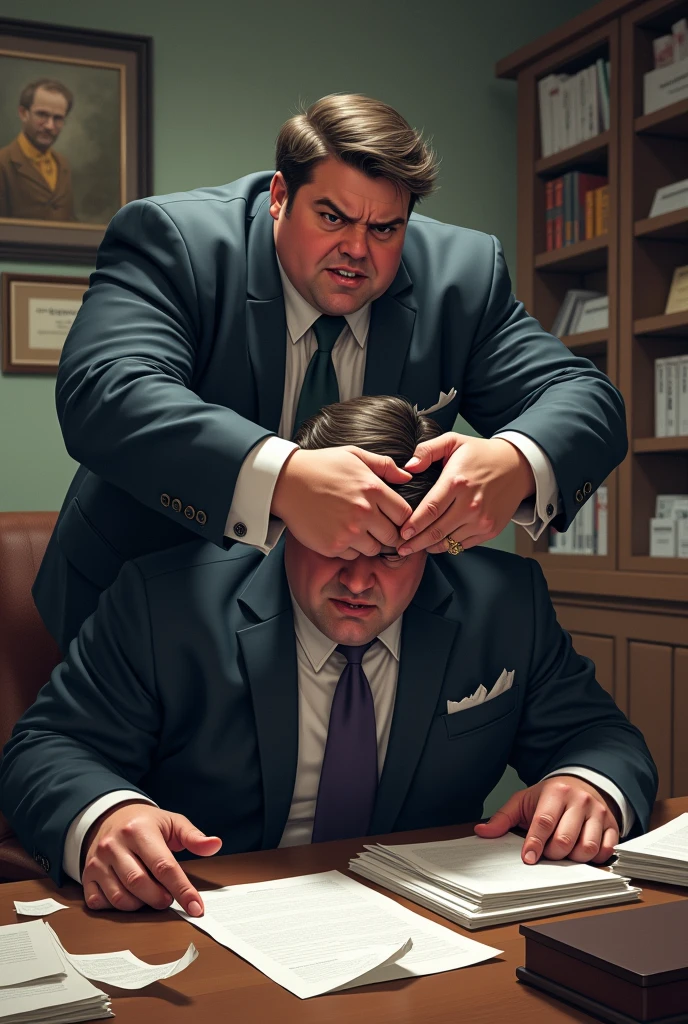 A young lawyer making fun of another fat lawyer, tearing up their work into sheets, making him put on a sad face, Let the image show everything