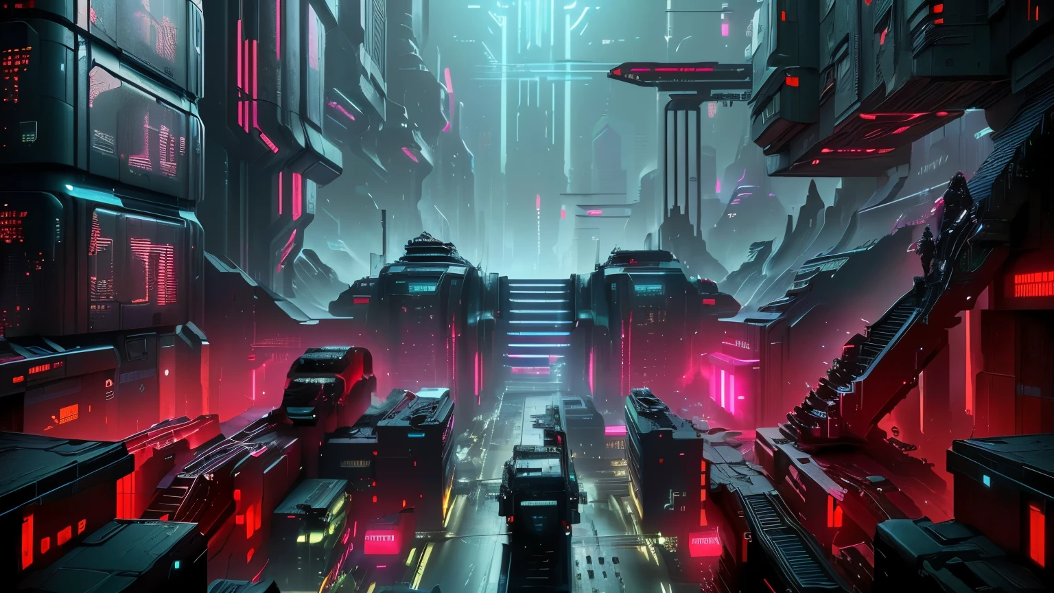 Futuristic city with red light and stairs leading to stairs, Futuristic cyberpunk scenario, Dark Cyberpunk Metropolis, Futuristic cyberpunk city, Cyberpunk atmosphere, in a Futuristic cyberpunk city, hyper realistic cyberpunk city, advanced digital cyberpunk art, Sci-Fi Cyberpunk, Dark futuristic city, Cybernetic City Background, cyberpunk digital art, dystopian cyberpunk city, And Mumford. 8k octane rendered, Cyberpunk Environment