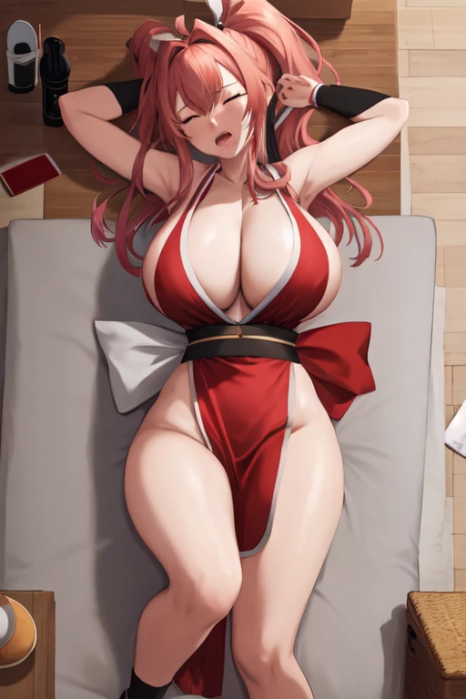 masterpiece, best quality, beautiful art, high resolution, well formed hands, body and fingers, 1 woman, solo, Bremerton, red makeup, red lipstick,adult, grown up, cosplaying as Mai Shiranui , mai_shiranui_cosplay, adult, large and big breasted, cleavage, full body , hair ribbon, gorgeous legs and, thighs, sexy Japanese clothes, hair ornament , sexy and bare legs , hips and thighs, panties peek,ryona , in peril, she is being beaten up by her opponent, closed eyes, she is knocked down and she is slapped in the face , she falls down backwards, falling down on the floor, receiving the impact of her opponent's attacks, closed eyes, screaming in pain and agony, heroine in peril, ryona and perilous scene, bouncing breasts, weak and helpless, martial arts tournament on the beach