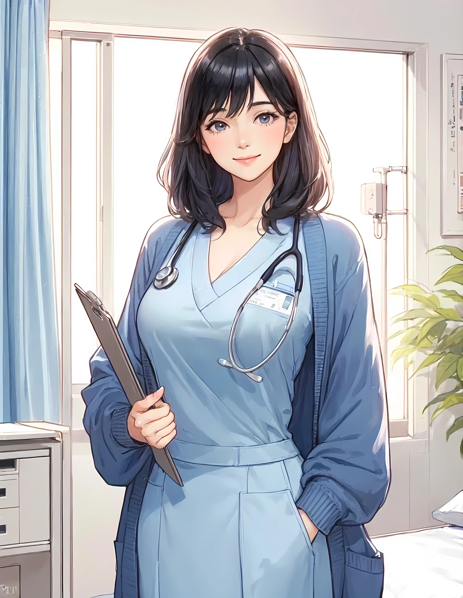 1lady standing, healthcare worker, nurse, (light blue uniform) (navy cardigan), (mature female:0.8), /(black hair/) bangs, kind smile, (masterpiece best quality:1.2) delicate illustration ultra-detailed, large breasts, (holding clipboard), (stethoscope around neck) BREAK (hospital room) indoors, patient's bed, detailed background