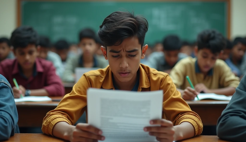 A twenty-year-old boy has a question paper in hand and is very tensed. Looking at the question paper he is inside a large class behind him many other students are taking the exam create a picture Indian students are taking the exam