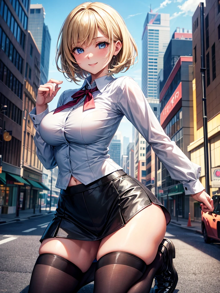 Anime style, super fine illustration, highly detailed, beautiful detailed, perfect detailed, super high quality image, static representation, gentle expression, happy expression, the pretty image, 8k, pretty 1girl with blonde straight short hair & blue eyes & a bright smile & full bust & soft fair skin is a female secretary not to show her skin wearing the business shirt & vest & black tight skirt & black pantyhose on the urban business buildings street, in the morning, happy stories, solo, perfect fingers, no more fingers, no less fingers, perfect arms, no more arms, perfect legs, no more legs, no more hair, masterpiece.