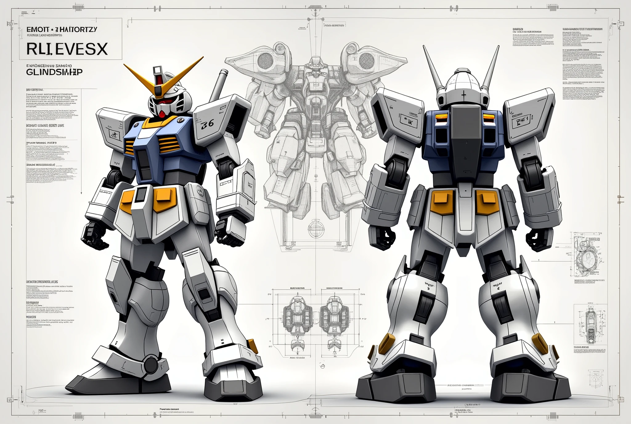 (masterpiece:1.2,Exceptional Quality,mirror-like,Cinematic Experience,Photorealistic:2.0,RAW Photos:2.0,Super detailed),8k,wallpaper,,(Writing with pencil:2.0),(Hard Edge:2.0),(Robot blueprint:2.0),(Draw the front and back views:2.0),(機動戦士Gundam:2.0),(Gundam),(RX78-2:2.0),(Twin Eye:2.0),(Avant-garde mechanical design:2.0),(Drawing detailed blueprints:2.0),(Numerous notes about the settings:2.0)