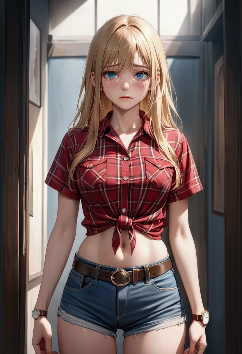 Woman with long blonde hair, blue eyes, An athletic body, Red checked short sleeve collared shirt, watch, Navel exposed, Denim hot pants, Brown belt with oval buckle,Crying face, Stand up straight, Front view,8k, Highest quality, masterpiece, Realistic, detailed