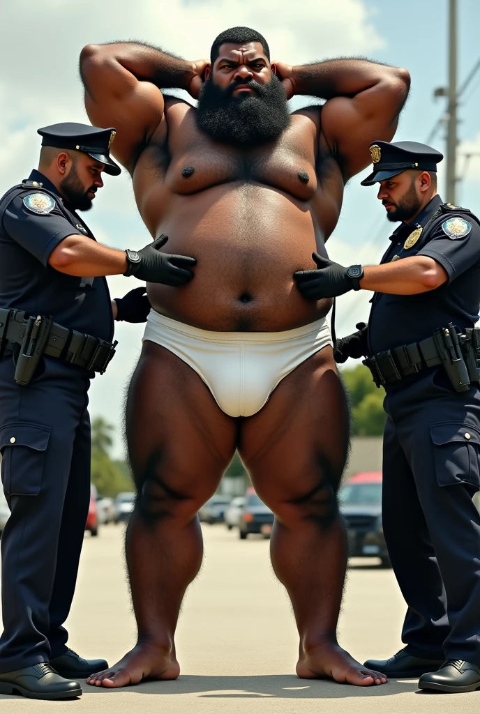 Large extremely hairy Puerto Rican man, very hairy armpits, very hairy, strong and bearded muscleman, in white underwear, standing, with your legs wide apart from each other, with both hands behind his head, having his underwear searched by two armed police officers.