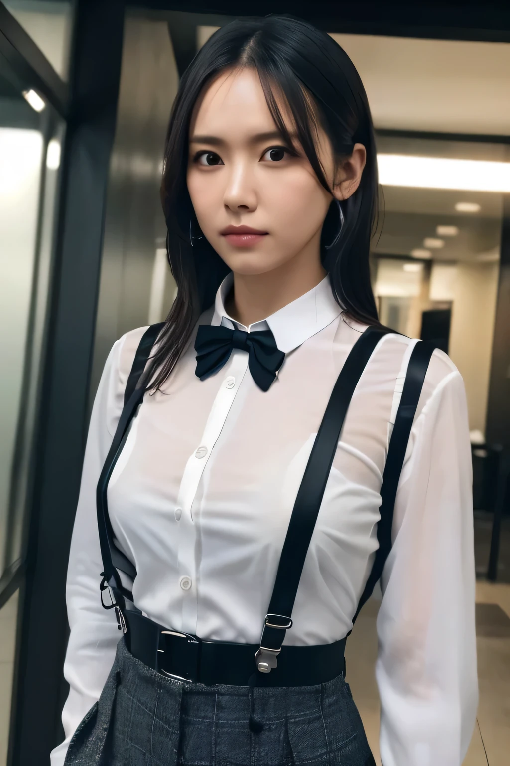 a woman in a suit, belt, hands behind back, sweating, suspenders, black pants, sexly, large breasts, see-through clothing, rain, detective, office worker, white button-up shirt, (best quality,4K,8k,highres,masterpiece:1.2),ultra-detailed,(realistic,photorealistic,photo-realistic:1.37),hyper-detailed,highly detailed face and body, Slender　thin　suspenders　Moderate breasts　See-through shirt　Nipples　holster　chain　Pistol　Armament　criminal　Female criminal　knife
