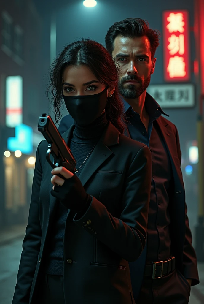 A hitman girl with dark complexion holding a gun and she's wearing a black face mask. A handsome guy is behind her with blue eyes