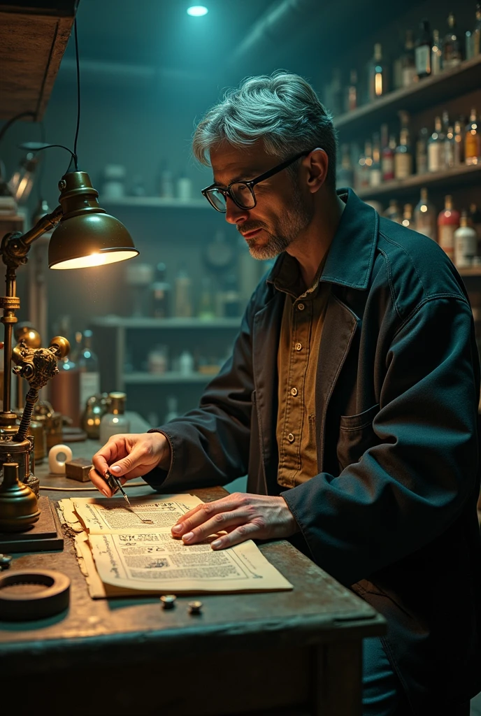In the secluded, shadowy corners of an old laboratory at Mae Fa Luang University, Dr. Pathorn Suthinnont, the enigmatic researcher, diligently works amidst an array of arcane instruments and aged manuscripts. As he meticulously adjusts mystical apparatus and deciphers ancient symbols on cryptic scrolls, the laboratory hums with a faint, otherworldly energy. Describe Dr. Pathorn’s intense focus as he conducts his research. What groundbreaking discoveries or hidden secrets is he on the brink of revealing, and how do the mysterious elements of the lab react to his work?
character in mid Tall, with a scholarly demeanor. Wears a mix of traditional Thai clothing and modern academic attire, often seen with a well-worn lab coat and glasses perched on his nose. His hair is streaked with gray, and he carries an air of quiet authority.