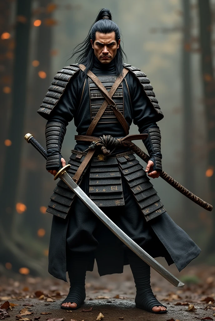samurai warrior, ((masterpiece, highest quality, Highest image quality, High resolution, Raw photo, 8K)), ((Extremely detailed CG unified 8k wallpaper)), (huge stunning warrior shot, full body, musclural body beauty:1.4), black hair, black hair, nervous, Posing for the camera, In a warrior fighting stance, stern expression, unkempt hair, and wearing traditional samurai attire. He carried two swords—a katana and a wakizashi—and had a rugged, battle-hardened look., photorealistic, 16k, 8k, 4K, award winning