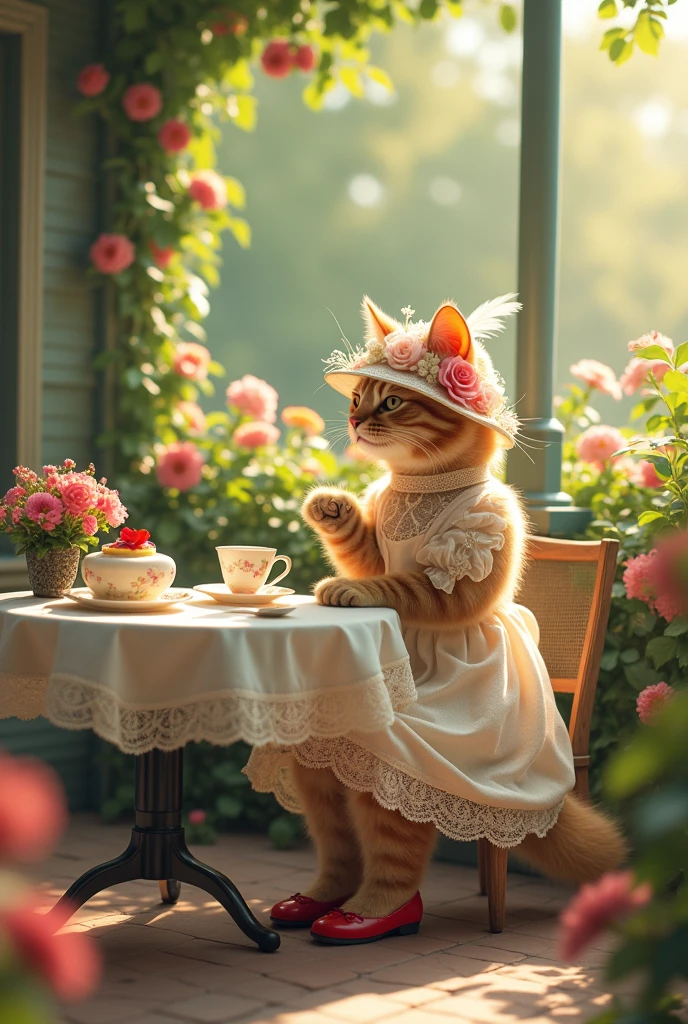 Mother cat in a cotton lace dress and a hat with feathers, decorated with flowers and ribbons, in red shoes, sits on the veranda at a table drinking tea with cake in a blooming sunny garden , Retro style