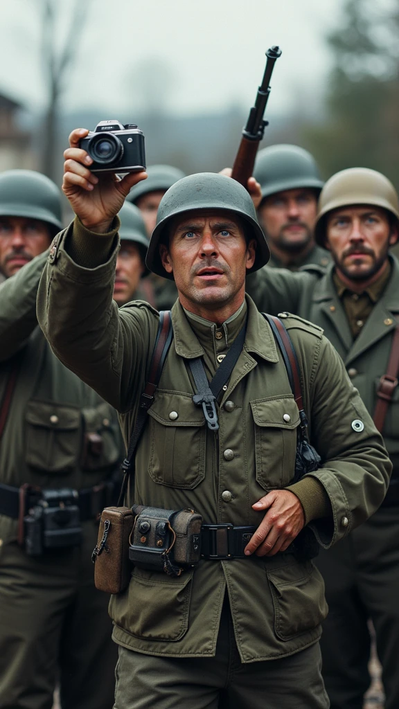 German soldier in World War II taking a photo with other soldiers