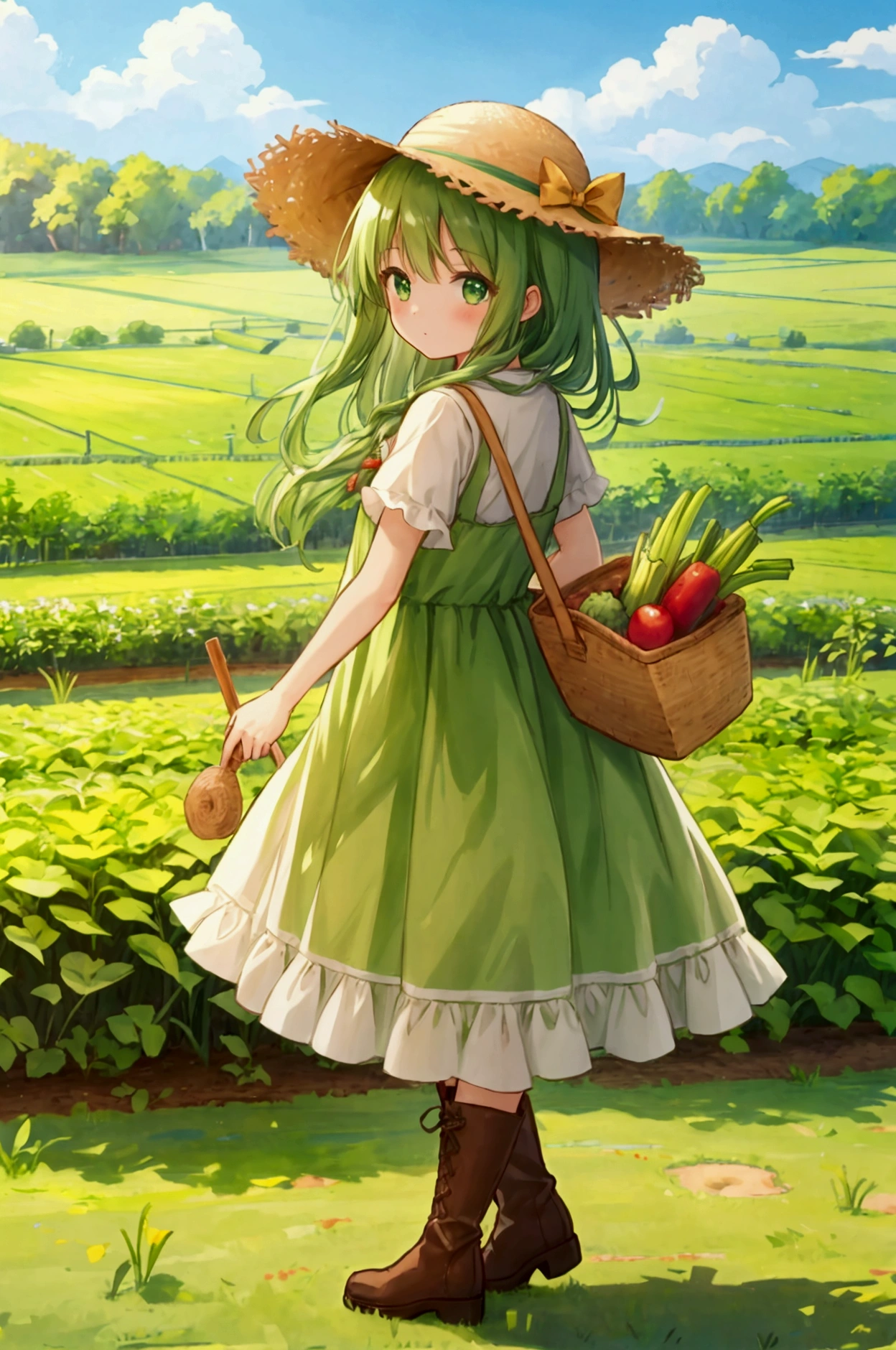 Girl、Green country dress、Boots、Straw hat、farm、vegetable garden