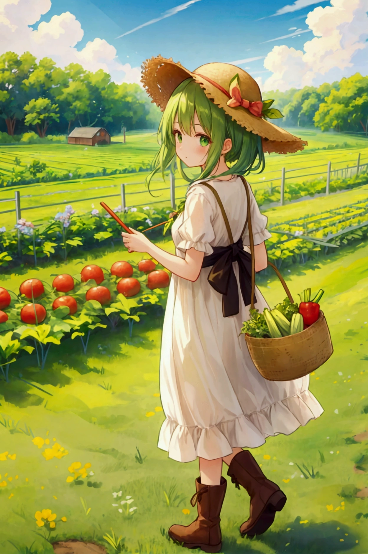 Girl、Green country dress、Boots、Straw hat、farm、vegetable garden