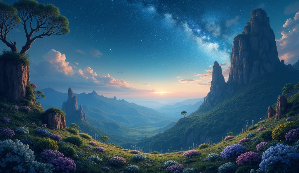 Fantastic landscape、Fantasy elements、Cute atmosphere、Star-studded night sky、High quality、Super Real、Night image、beautiful、