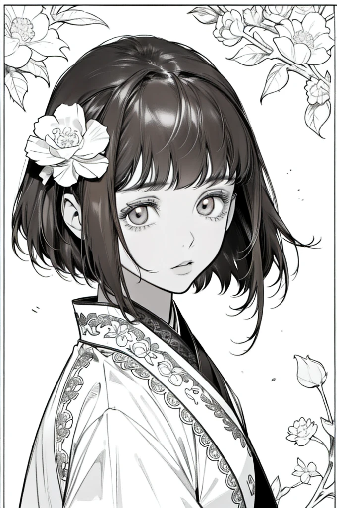 As a coloring book, white and black color, borders should be simple, clear, distinct, and thick lines, By Cartoon picture book of a beautiful Asian girl with short brown hair, best quality, high resolution, detailed background, high contrast, 1 girl, close-up of the head, floral background, clean line drawings