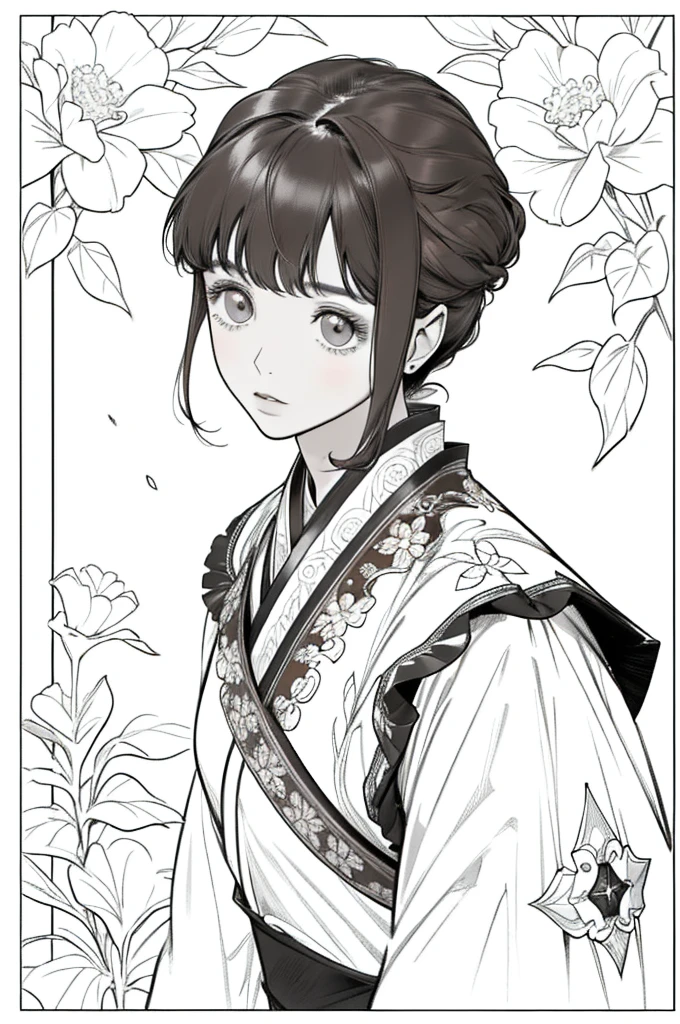 As a coloring book, white and black color, borders should be simple, clear, distinct, and thick lines, By Cartoon picture book of a beautiful Asian girl with short brown hair, best quality, high resolution, detailed background, high contrast, 1 girl, close-up of the head, floral background, clean line drawings