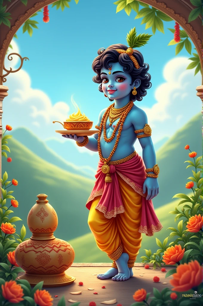 Lord krishna wating makhan and wishing Happy Janmashtami by "Patwari Electrics"
