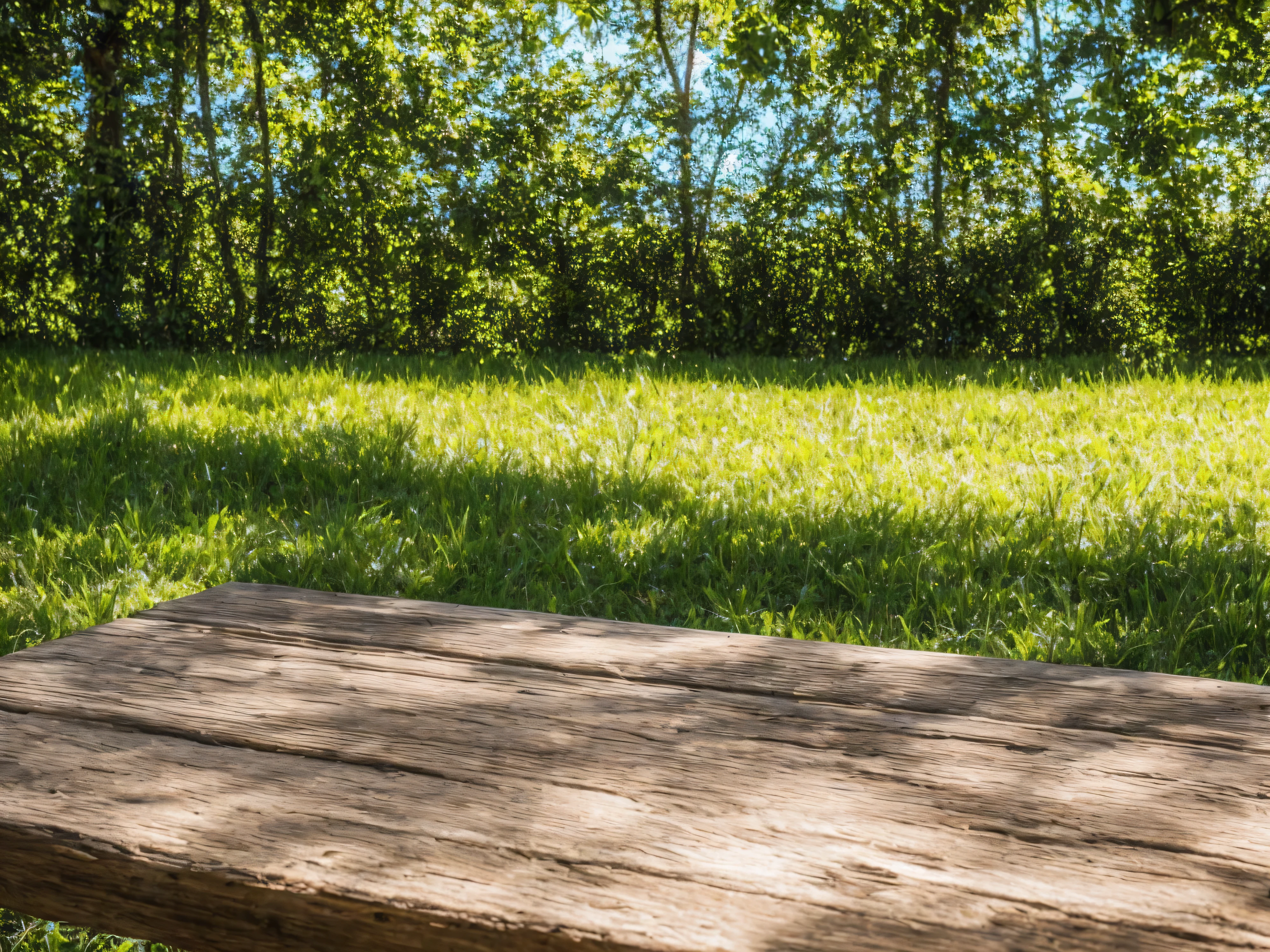 Highest quality,4K,8k,High resolution,masterpiece:1.2,Very detailed,Realist,fotorRealist:1.37 A close-up of a rustic table that symbolizes summer,Summer atmosphere,Bokeh with depth such as young leaves,Young leaves on background,Fallen young leaves on soft soil,Filtered natural light,Warm Gold、Subtle bokeh effect,Part of the background is blurred. Table texture details.,Refreshing colors reminiscent of summer Attention to detail, Emphasise the warmth and comfort of the scene