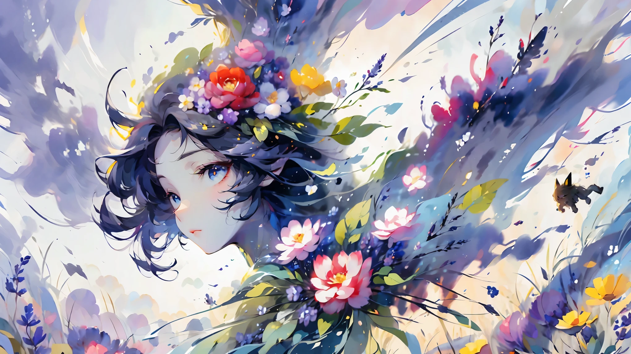 ((Master masterpiece)), ((Top image quality)), illustratio, One robot stands in a meadow at night when the moon is out、The steppes are ravaged by war、Hair color, Bangs, Hairstyle Fax,Cat's ears、 slender、constricted hips、A dark-haired、((Wearing armor))、Japanese armor、Battlefield、Behind the girl is the rubble of a wrecked tank、